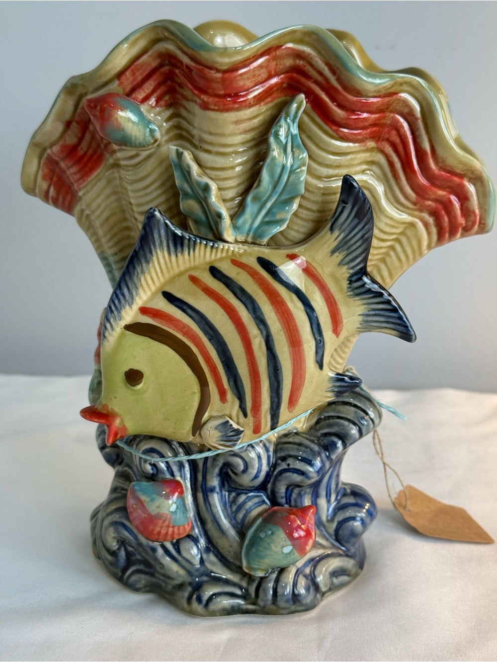 VTG Majolica Style Angelfish Ceramic Vase MCM Coastal Sculptural Fish Decor Read